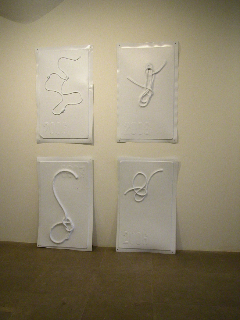 Seth Price, Untitled, 2006: Knots: Squares, Bowline, Sheepshank, Granny, vacuum-formed polystyrene, rope, ink, Installation view, Greene Naftali, New York, 2006