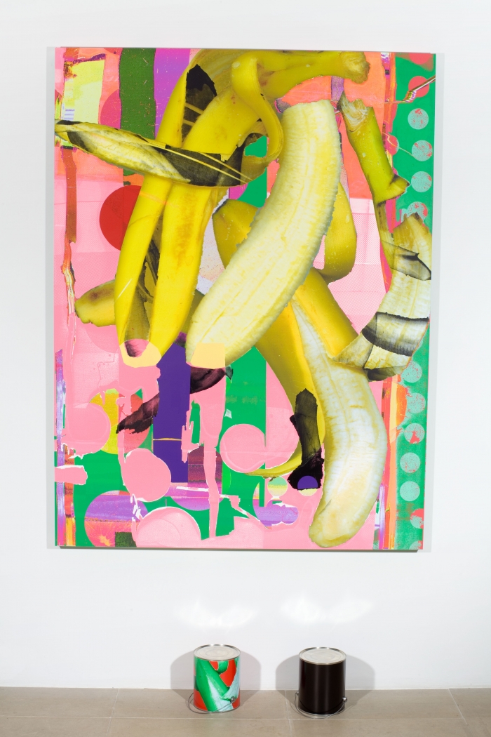 Untitled, 2009, Paint, silkscreen, and digital inkjet print on canvas; paint cans with digital inkjet prints, 69 x 52 x 2 inches