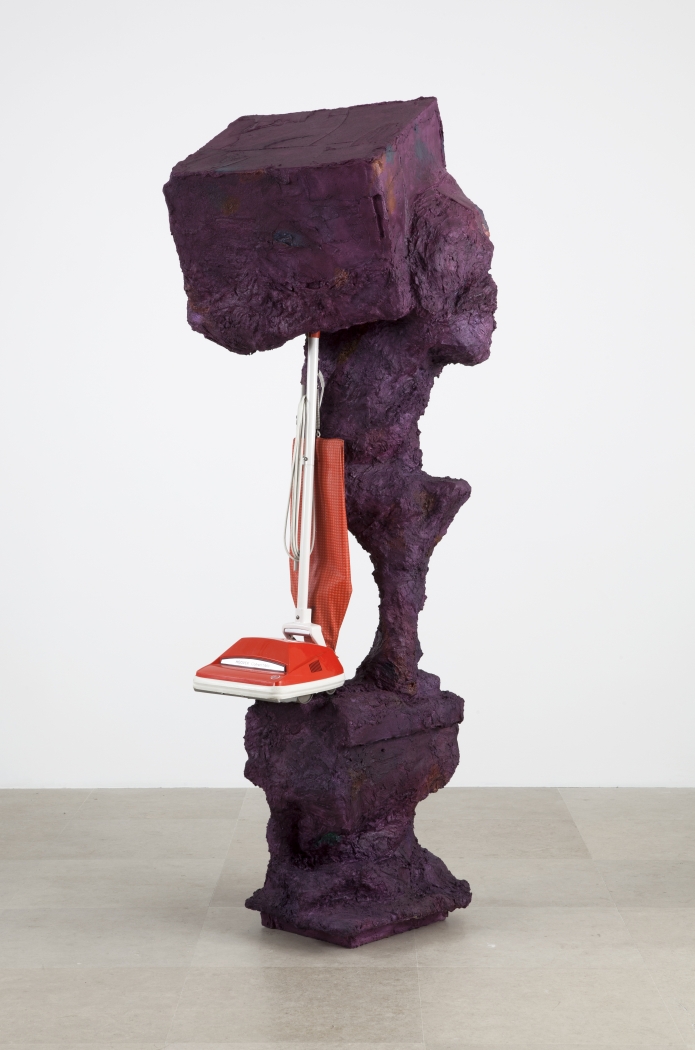 Rachel Harrison, All in The Family, 2012 Wood, polystyrene, chicken wire, cement, acrylic, and Hoover Vacuum Cleaner 93 x 34 x 34 inches
