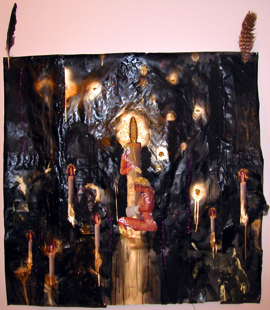 Cocker on a Rock, 2005, mixed media on paper with feathers, 45 x 40 inches