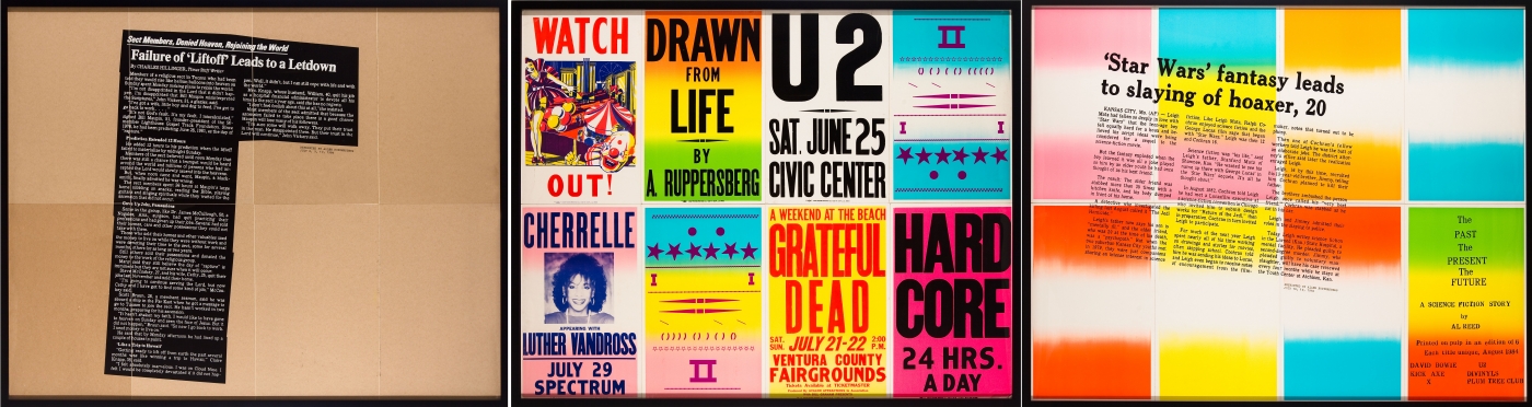 Allen Ruppersberg, The Past, The Present, The Future (U2), 1985, silkscreen on pulp; edition of 6 (each title unique), 45 3/4 x 58 3/4 x 1 1/2 inches each
