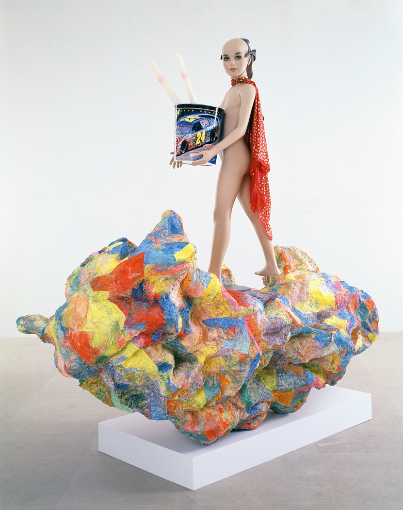 Rachel Harrison Alexander the Great, 2007 Wood, chicken wire, polystyrene, cement, acrylic, mannequin, Jeff Gordon waste basket, plastic Abraham Lincoln mask, sunglasses, fabric, necklace, and two unidentified items 87 x 91 x 40 inches (221 x 231.1 x 101.6 cm)
