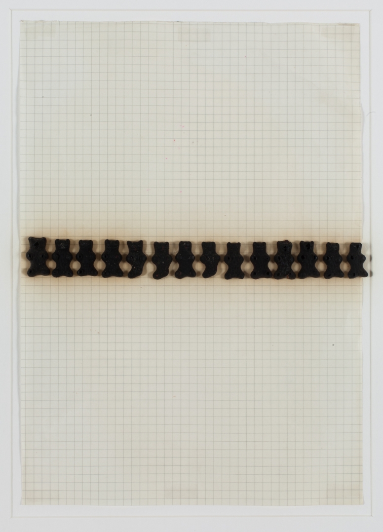 Konrad Lueg Untitled (Gummibärchen), Unknown Gummy bears, felt pen on graph paper Paper: 10 x 7 7/8 inches (25.5 x 20 cm) Frame: 17 3/4 x 14 3/8 inches (45.2 x 36.5 cm)