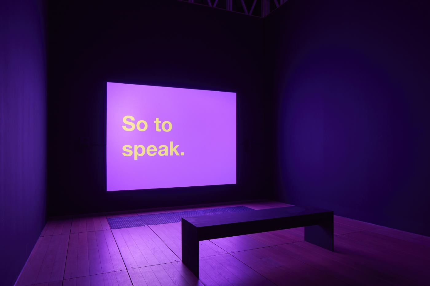 Installation view, Tony Cokes: If UR Reading This It’s 2 Late: Vol 1, Goldsmiths CCA. Pictured: Tony Cokes, Testament A: MF FVA K-P X KE RIP, 2019 (video). Commissioned by Goldsmiths Centre for Contemporary Art, London, UK. Courtesy the artist, Greene Naftali, New York, US and Hannah Hoffman, Los Angeles, US. Photographer Andy Stagg.