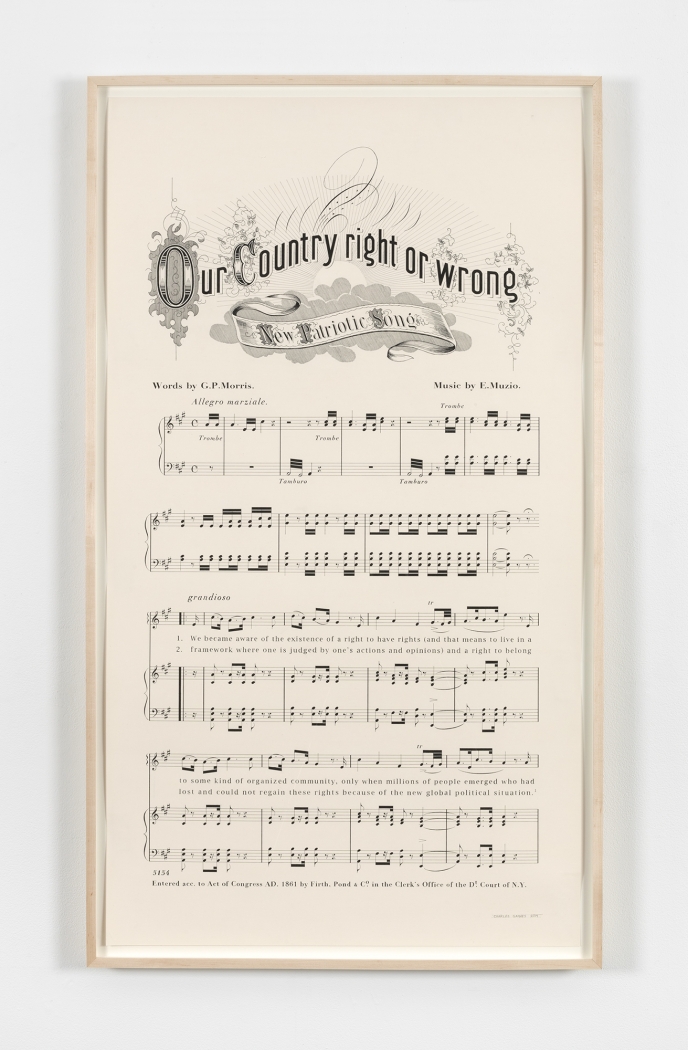 Charles Gaines Notes on Social Justice: Our Country Right or Wrong, (1861), 2014 Ink on Stonehenge paper Paper: 43 x 24 inches (109.2 x 61 cm) Frame: 45 x 26 inches (114.3 x 66 cm)