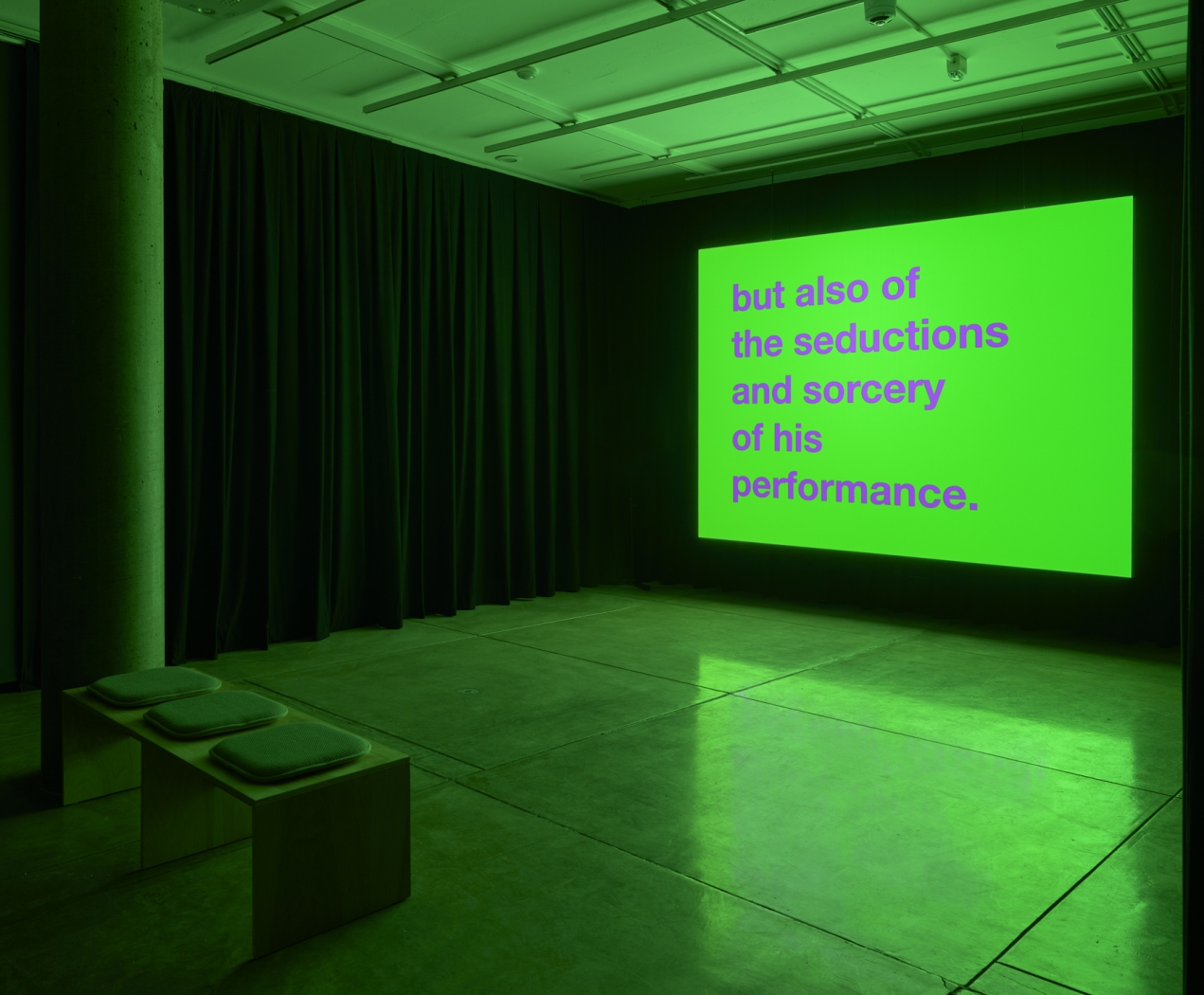 Installation view, Tony Cokes: If UR Reading This It’s 2 Late: Vol 2, Carpenter Center for the Visual Arts, on view January 31–April 12, 2020. Pictured: Tony Cokes, Untitled (m.j.: the symptom) (video), 2020. Courtesy of the Carpenter Center for the Visual Arts. Photo: Julia Featheringill / Stewart Clements.