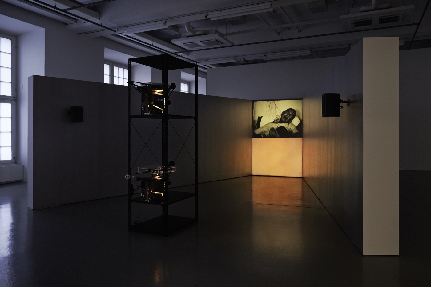 Paul Sharits Epileptic Seizure Comparison, 1976 Installation with two looping 16 mm film projections, trapezoidal walls, aluminum paint Dimensions variable