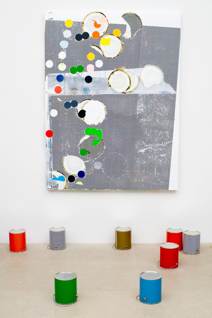 Guyton\Walker, Untitled, 2009, Paint, silkscreen, and digital inkjet print on canvas; paint cans with digital inkjet prints, 69 x 52 x 2 inches, Installation view, Greene Naftali, New York, 2009