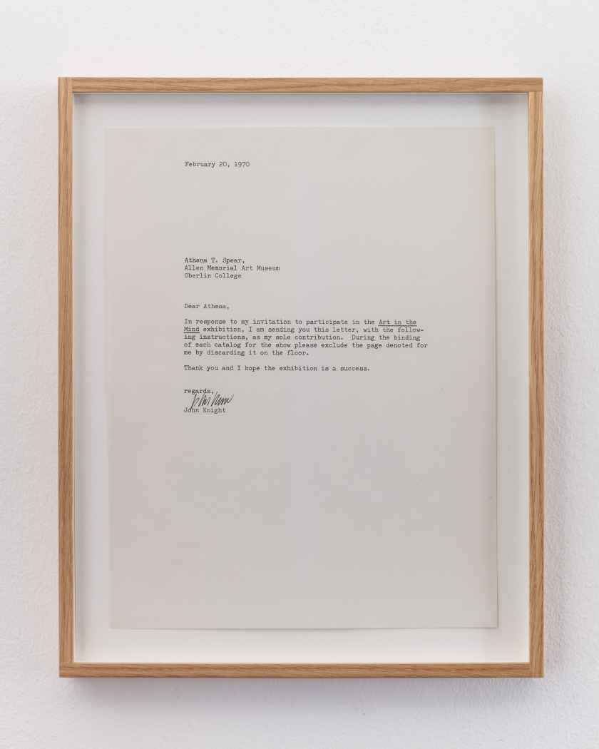 John Knight Proposal to the curators of the exhibition ‘Art In The Mind’, 1970 Ink on paper 8 ½ x 11 inches (21.59 x 27.94 cm)