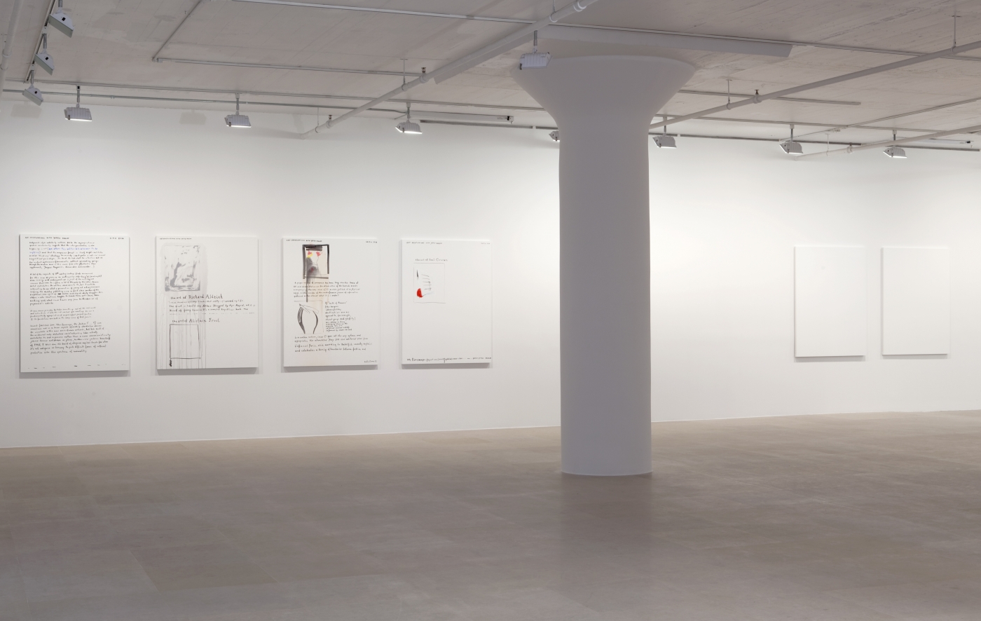 Michael Krebber, Installation view, C-A-N-V-A-S Uhutrust Jerry Magoo and guardian.co.uk Paintings, Greene Naftali, New York, 2011