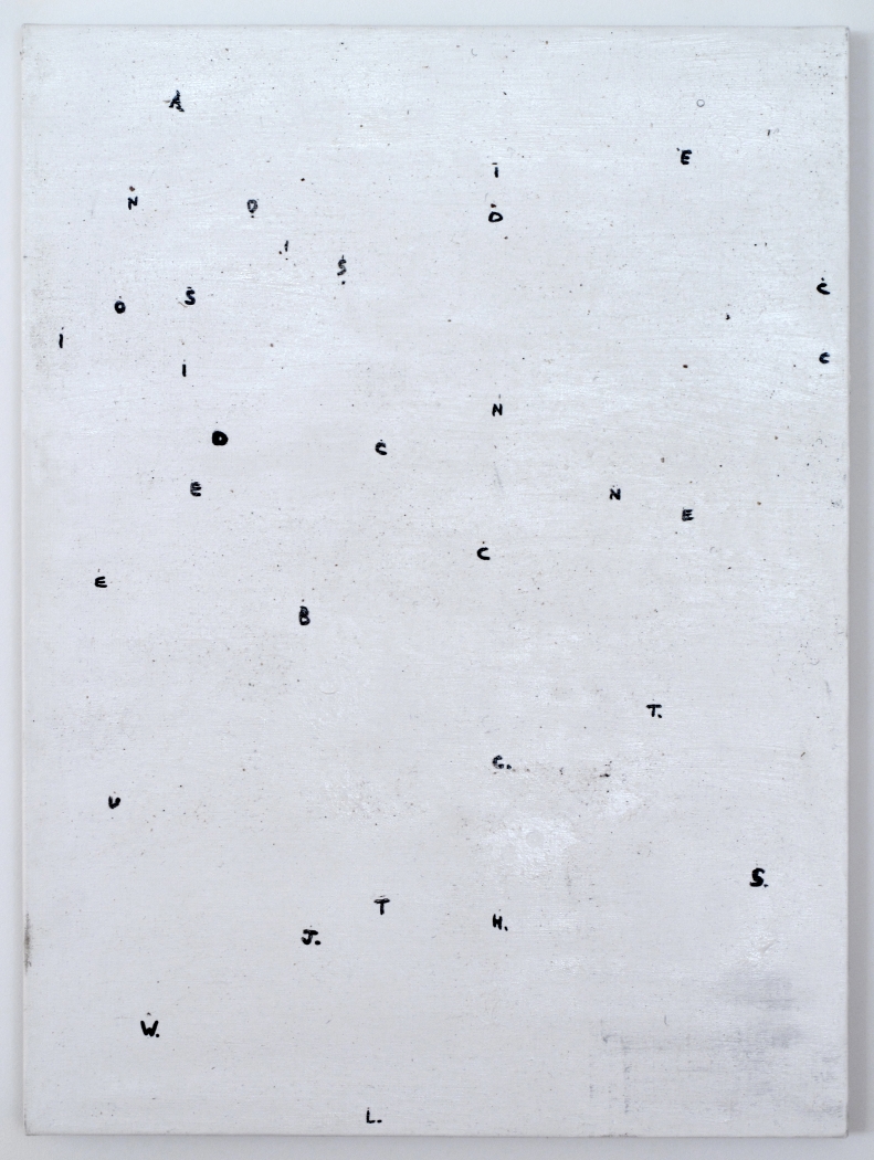 The Assistant (2), 2008, ink letters, dust, and adhesive on canvas, 24 x 18 inches