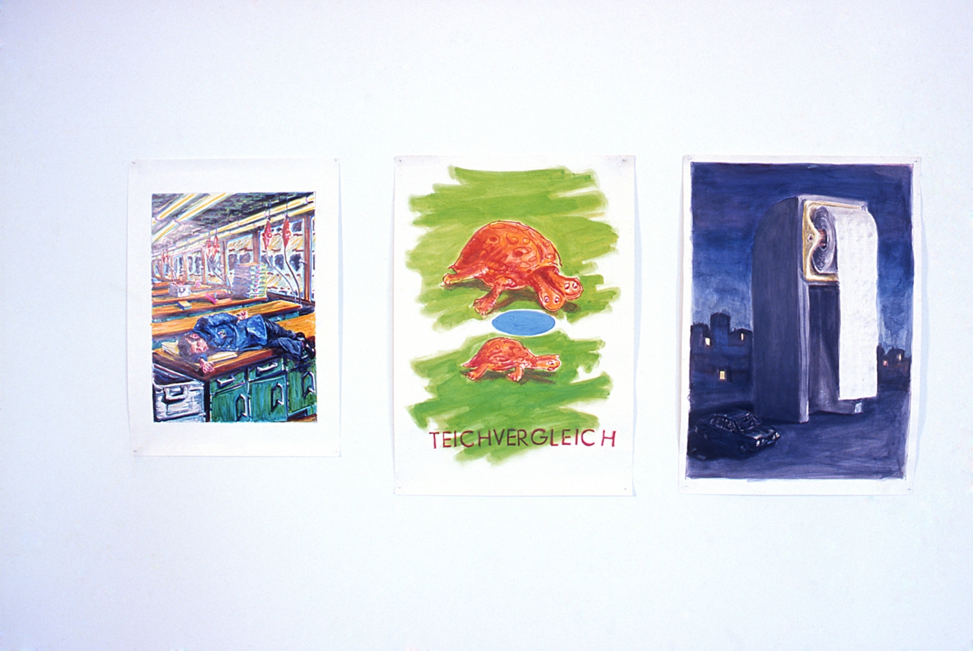 Andres Siekmann, Installation view of Sleeping Worker, Teichvergleich and Box Building, 1977, Felt-tip pen and watercolor on paper, 33 3/4 x 24 3/4 inches; 39 1/4 x 26 1/4 inches; 39 1/4 x 26 3/4 inches