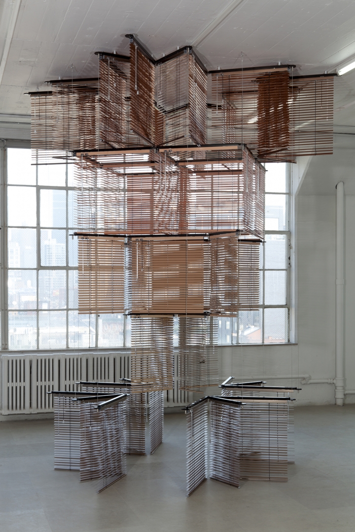 Haegue Yang Tower on String - Seated in New York, 2012 Aluminum Venetian blinds, powder-coated aluminum frame 137 x 120 x 120 inches (348 x 304.8 x 304.8 cm)