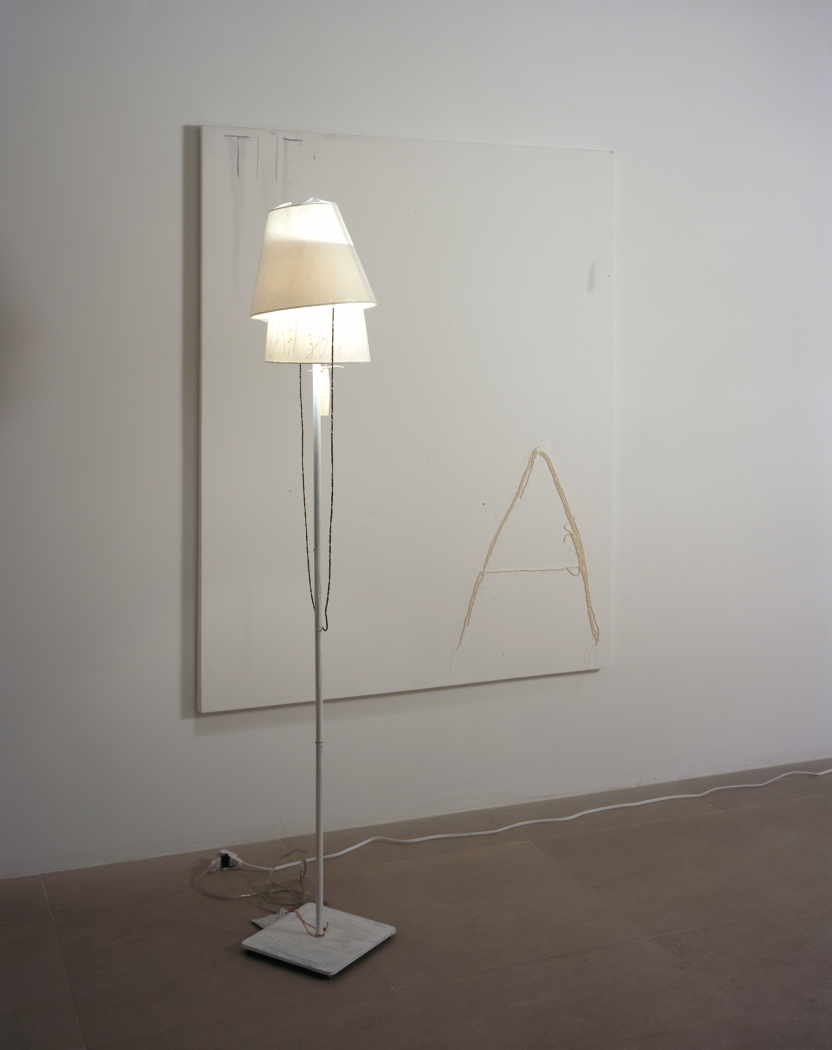 Josef Strau The Assistant, 2008 ink, pencil, pearls, and adhesive on canvas, mixed media lamp overall dimensions variable canvas: 60 x 48 inches 152.4 x 121.92 cm