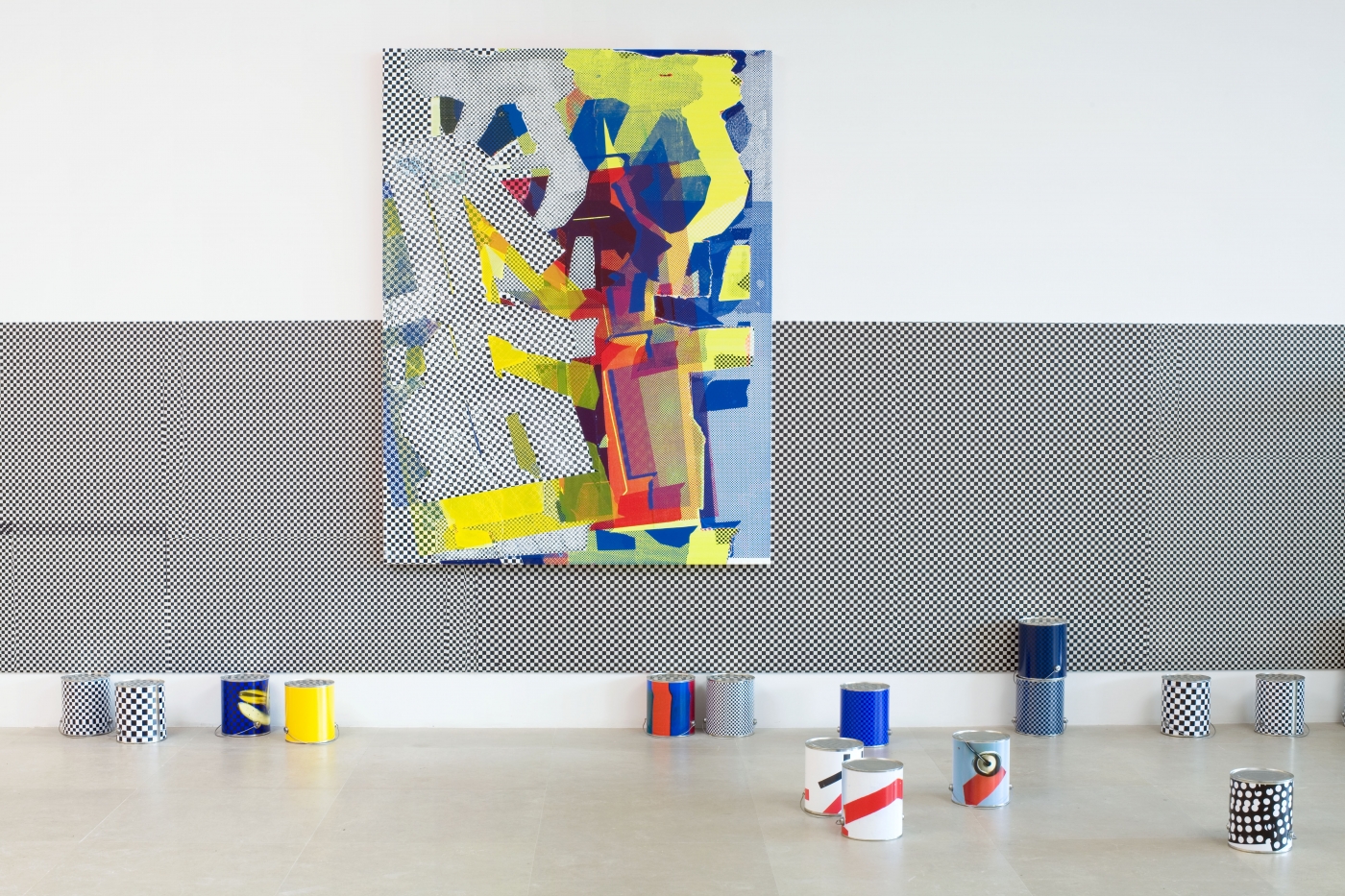 Untitled, 2009, Paint, silkscreen, and digital inkjet print on canvas; 2 panels of inkjet print on drywall; paint cans with digital inkjet prints, 69 x 52 x 2 inches