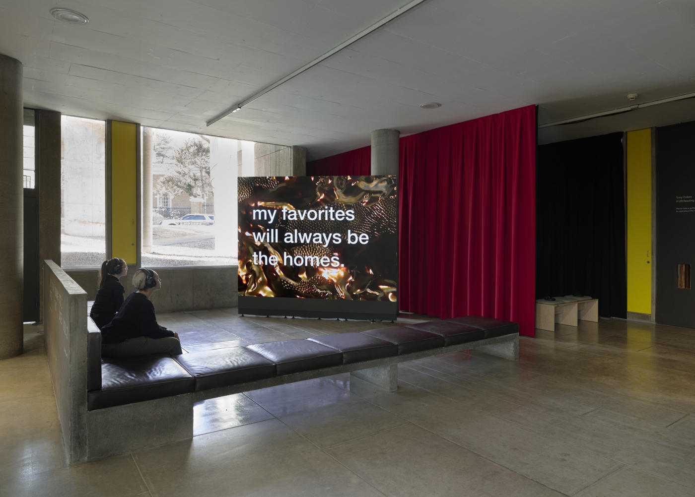 Installation view, Tony Cokes: If UR Reading This It’s 2 Late: Vol 2, Carpenter Center for the Visual Arts, on view January 31–April 12, 2020. Pictured: Tony Cokes, The Will and The Way...Fragment 2 (video), 2019. Courtesy of the Carpenter Center for the Visual Arts. Photo: Julia Featheringill / Stewart Clements.