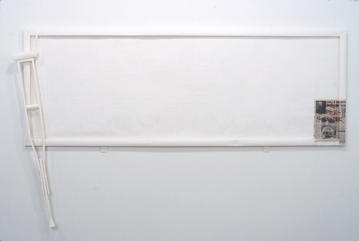 Gareth James, Siamese Super Collider; Image is Dead, 2000, paper, newspaper article, 38 x 109 x 5 inches