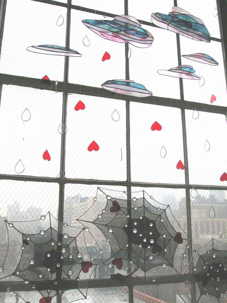 Amy Gartrell, Untitled, 2003, stained glass, wood, fishing wire, 100 x 60 inches