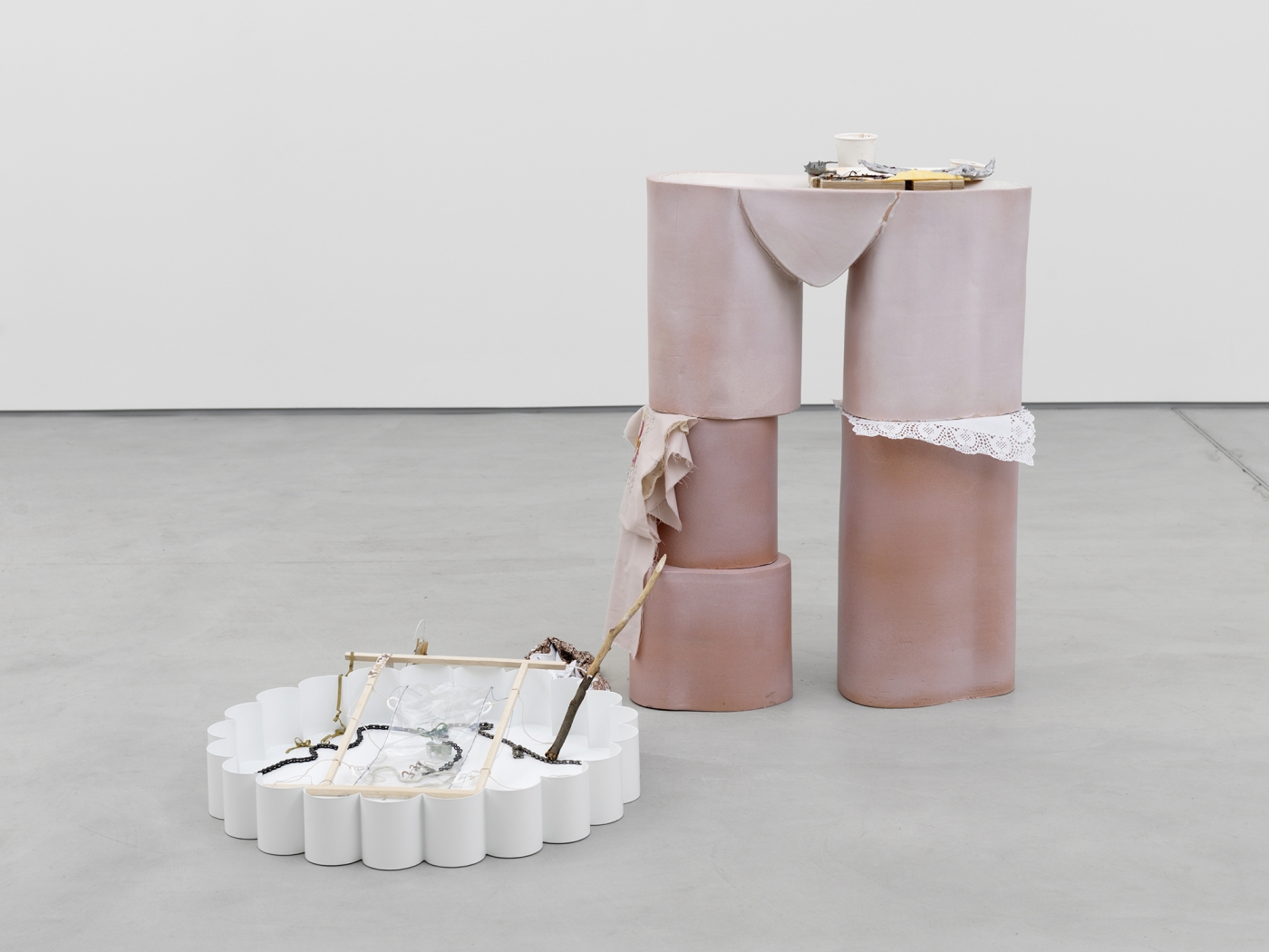 Candy Mandible, Mrs, 2014 Glazed ceramic; cast aluminium; bent and painted wire; pvc; joined bike chains; wood; fabric; cast resin; rose petals; twig; sugar Ceramic: 47 3⁄8 x 39 1⁄4 x 13 1⁄4 in Tray: 4 3⁄8 x 20 3⁄4 x 31 1⁄8 in
