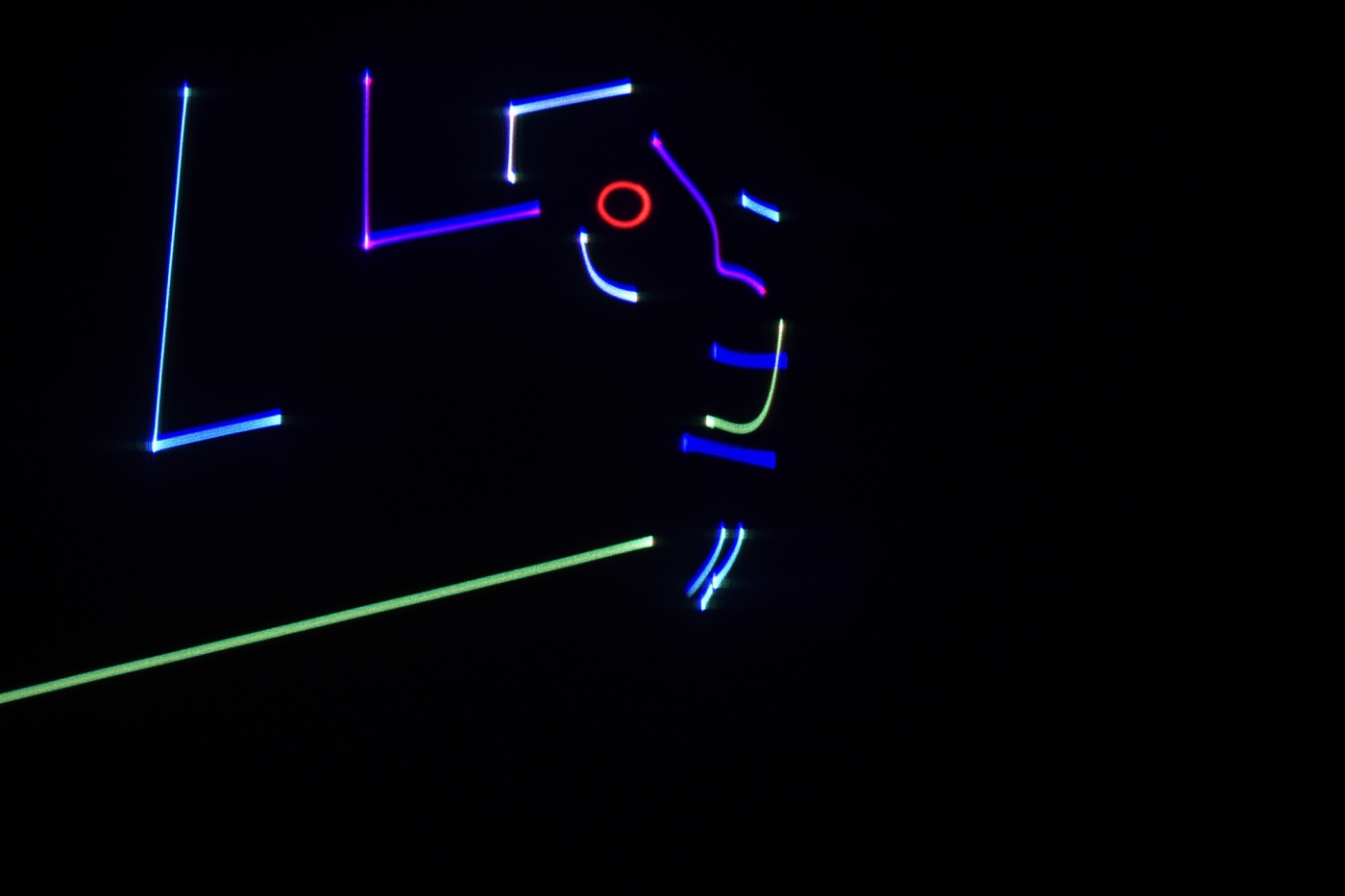 Neon line drawings in various colors against a black background.