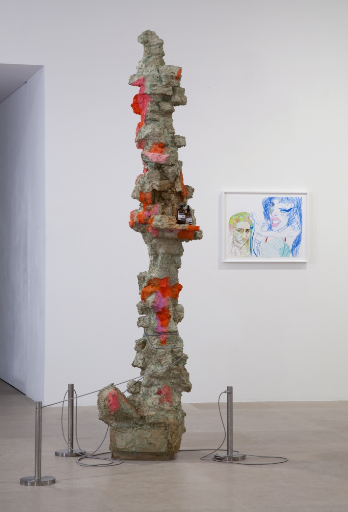 Rachel Harrison, Lazy Hardware, 2012, Wood, styrofoam, cement, acrylic, metal stanchions, 97 x 168 x 55 inches, Installation view, Greene Naftali, New York, 2012