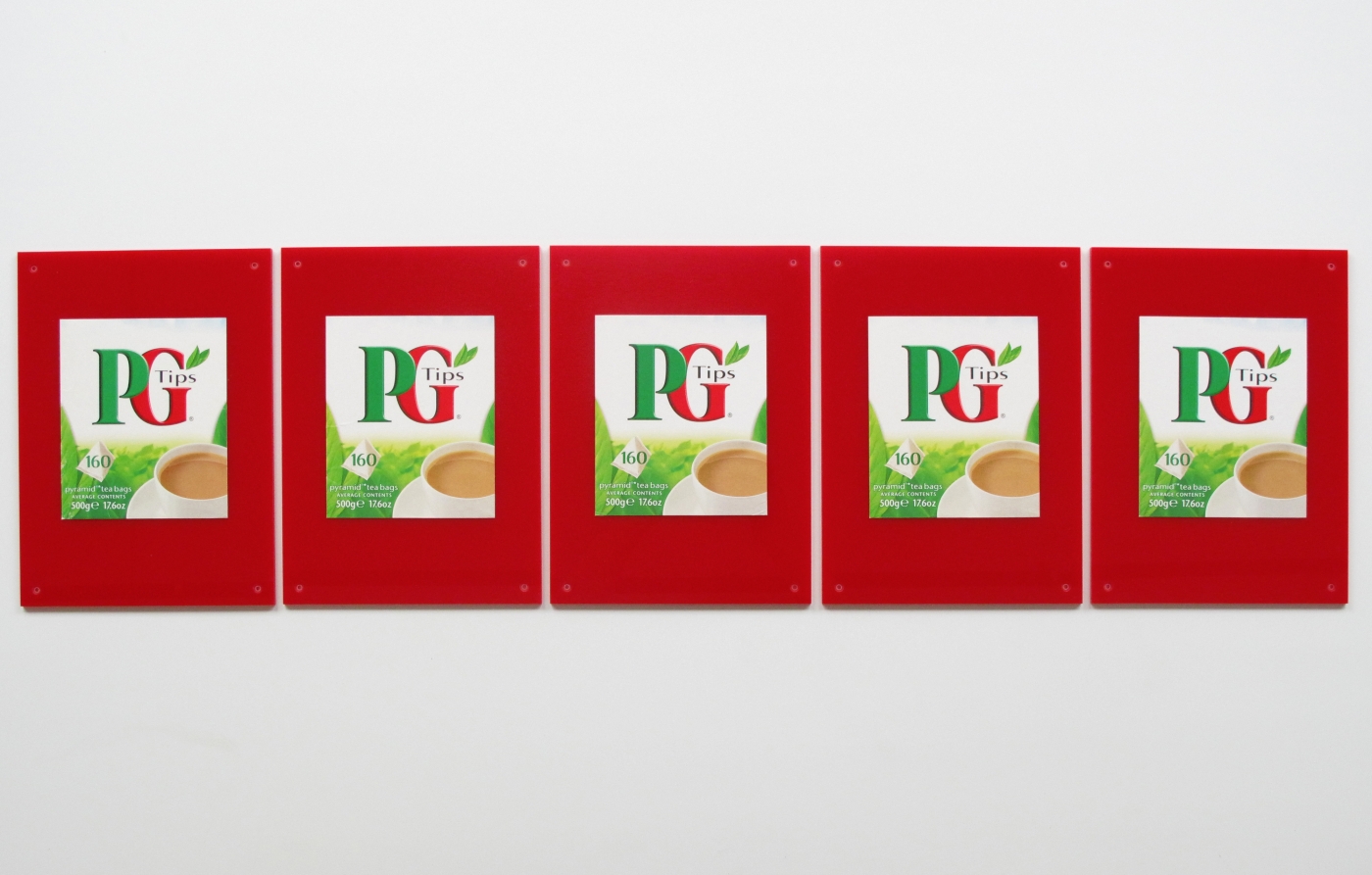 PG Tips, 2009, Plexiglas, printed cardboard, five parts, 11 x 8 inches (each), 11 x 44 3/8 inches (approx. overall)
