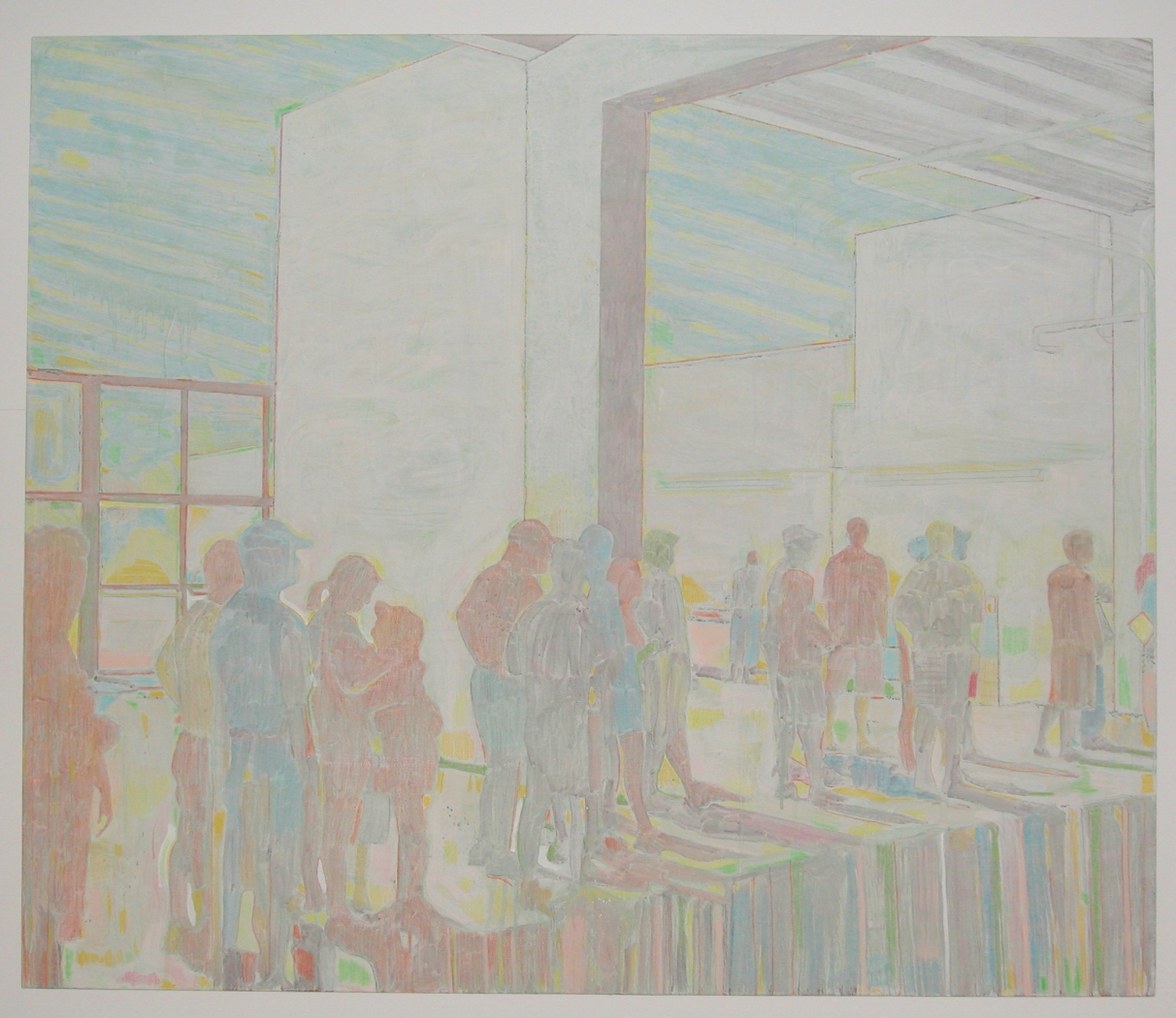 Untitled (People in Line), 2003 acrylic, pastel, pencil on board 55 1/2 x 65 1/5 inches