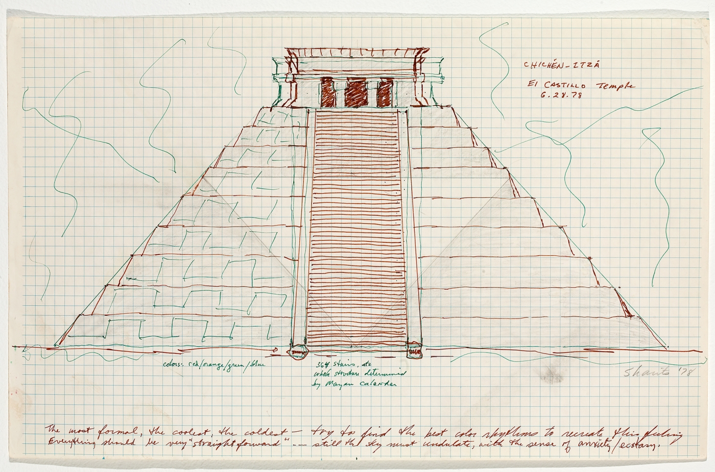 Chichen-Itza El Castillo Temple, 1978, colored ink on paper, 11 x 17 1/2 inches