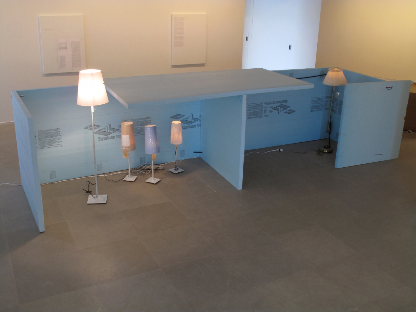 E+N: Model for a Foldable Double Performance Sukka for Artists Working Both with Group and with Non-Group, 2008, mixed media lamps, Styrofoam boards, string, rope, mp3 players, Overall: 60 x 51 x 210 inches