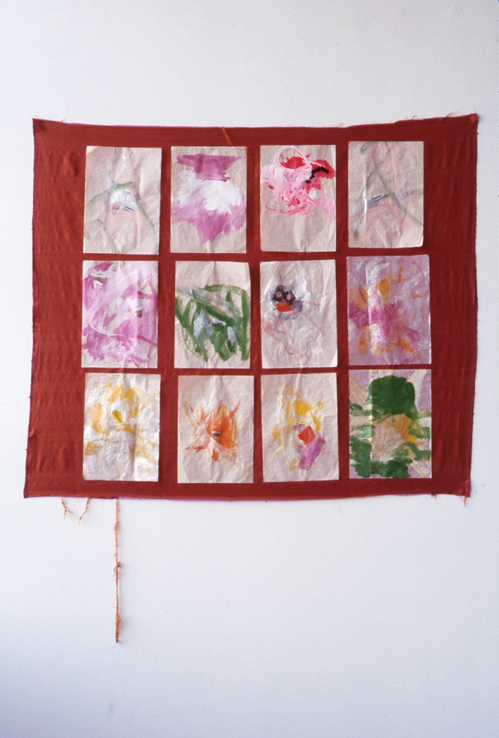 Jutta Koether, Foreign Matter, 1999, silk cloth & 12 drawings on yellow paper, 41 x 49 inches