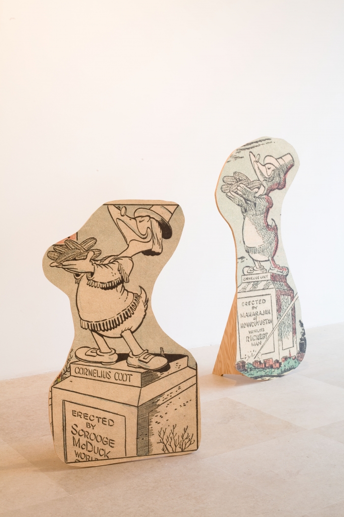 Allen Ruppersberg, Big Trouble, 2010, 10 framed pigment prints on paper with cutouts (each 30 5/8 x 22 inches) and 15 standing sculptures: pigment prints on paper mounted to AB marine-grade plywood, overall dimensions variable, Installation view, Greene Naftali, New York, 2010