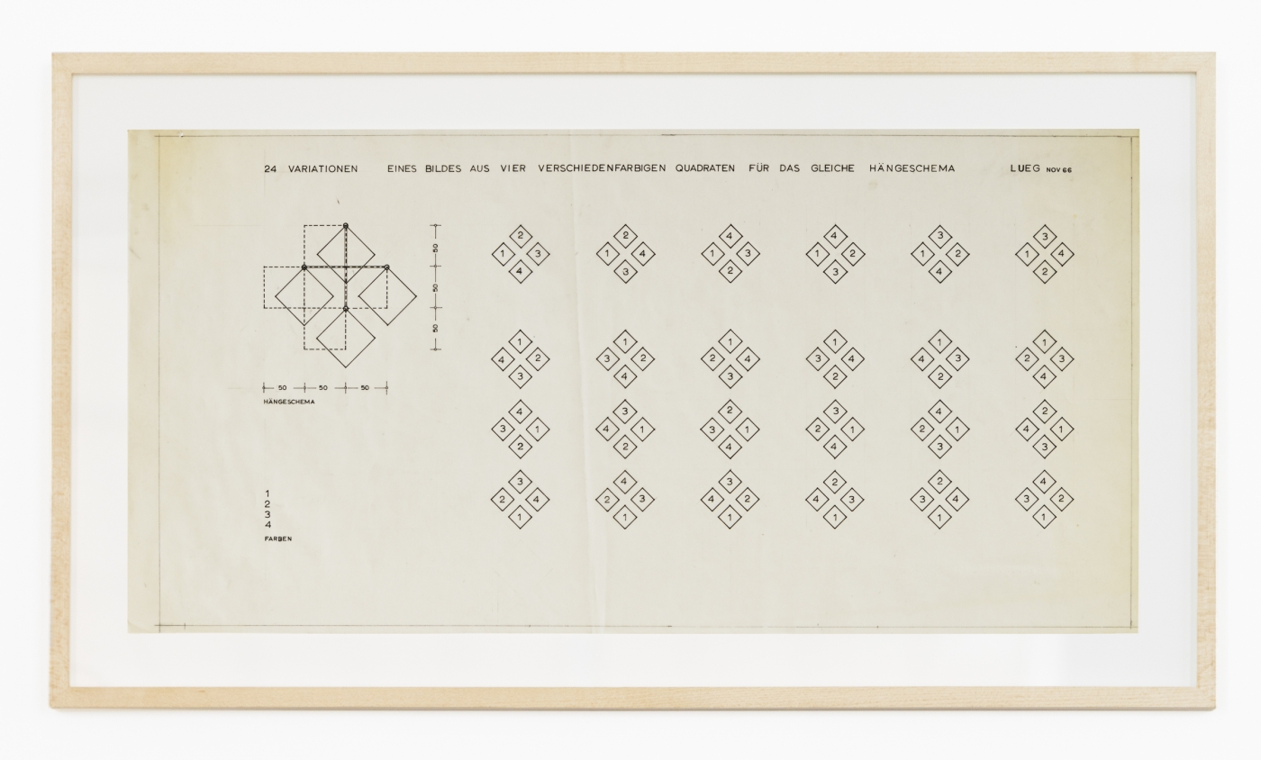 Konrad Lueg, 24 variations of a picture from four different coloured squares for the same hanging scheme, 1966 (detail)