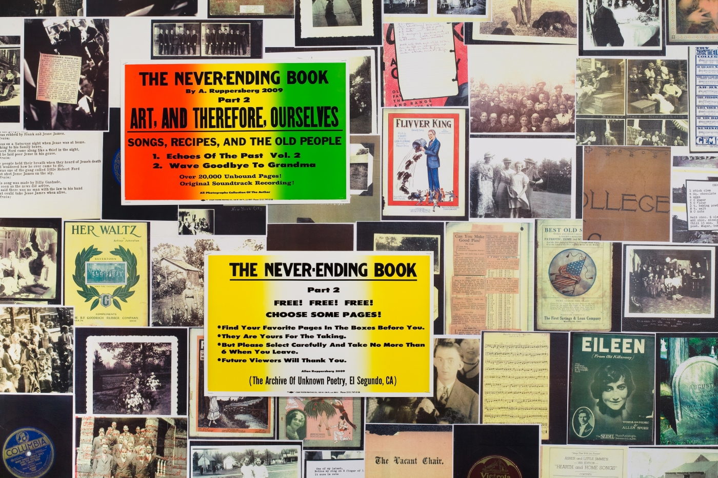 Allen Ruppersberg The Never Ending Book Part Two/Art and Therefore Ourselves 2009 color copies, cardboard boxes, artist's records 5 lightboxes banner letterpress posters and 17 furniture elements overall dimensions variable