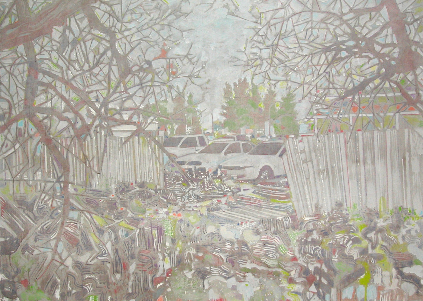 Untitled (Cars with Broken Fence), 2003, acrylic, colored pencil on linen, 60 x 84 inches (152.4 x 213.4 cm)
