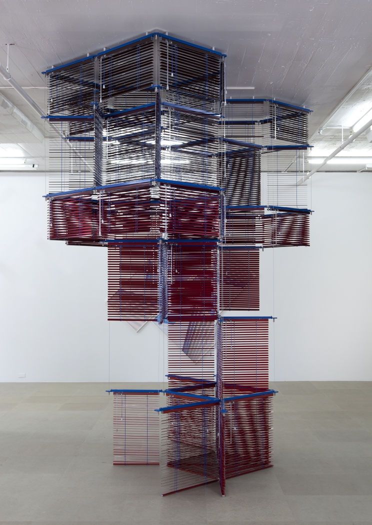 Haegue Yang Tower on String - Facing New York, 2012 Aluminum Venetian blinds, powder-coated aluminum frame 137 x 120 x 100 inches (348 x 304.8 x 254 cm)