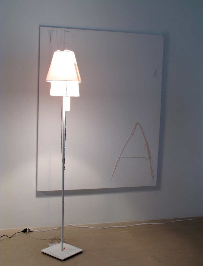 The Assistant, 2008, ink, pencil, pearls, and adhesive on canvas, mixed media lamp, overall dimensions variable, canvas: 60 x 48 inches