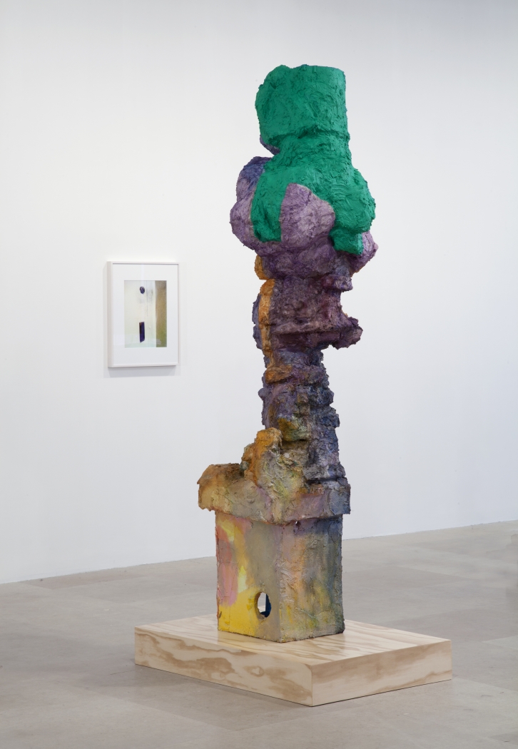 Rachel Harrison, Mastro Lindo, 2012, Wood, styrofoam, cement, acrylic, and Mr. Clean Magic Erasers, 97 x 29 x 43 inches, Installation view, Greene Naftali, New York, 2012