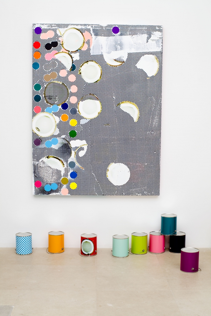Guyton\Walker, Untitled, 2009, Paint, silkscreen, and digital inkjet print on canvas; paint cans with digital inkjet prints, 69 x 52 x 2 inches