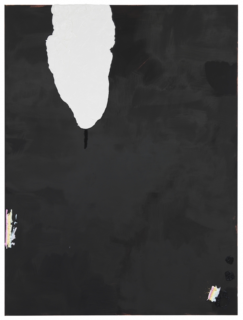 Monika Baer on hold (arrested development), 2015 Acrylic, ink, mirror, oil on canvas 70 3/4 x 53 1/4 inches (180 x 135 cm)