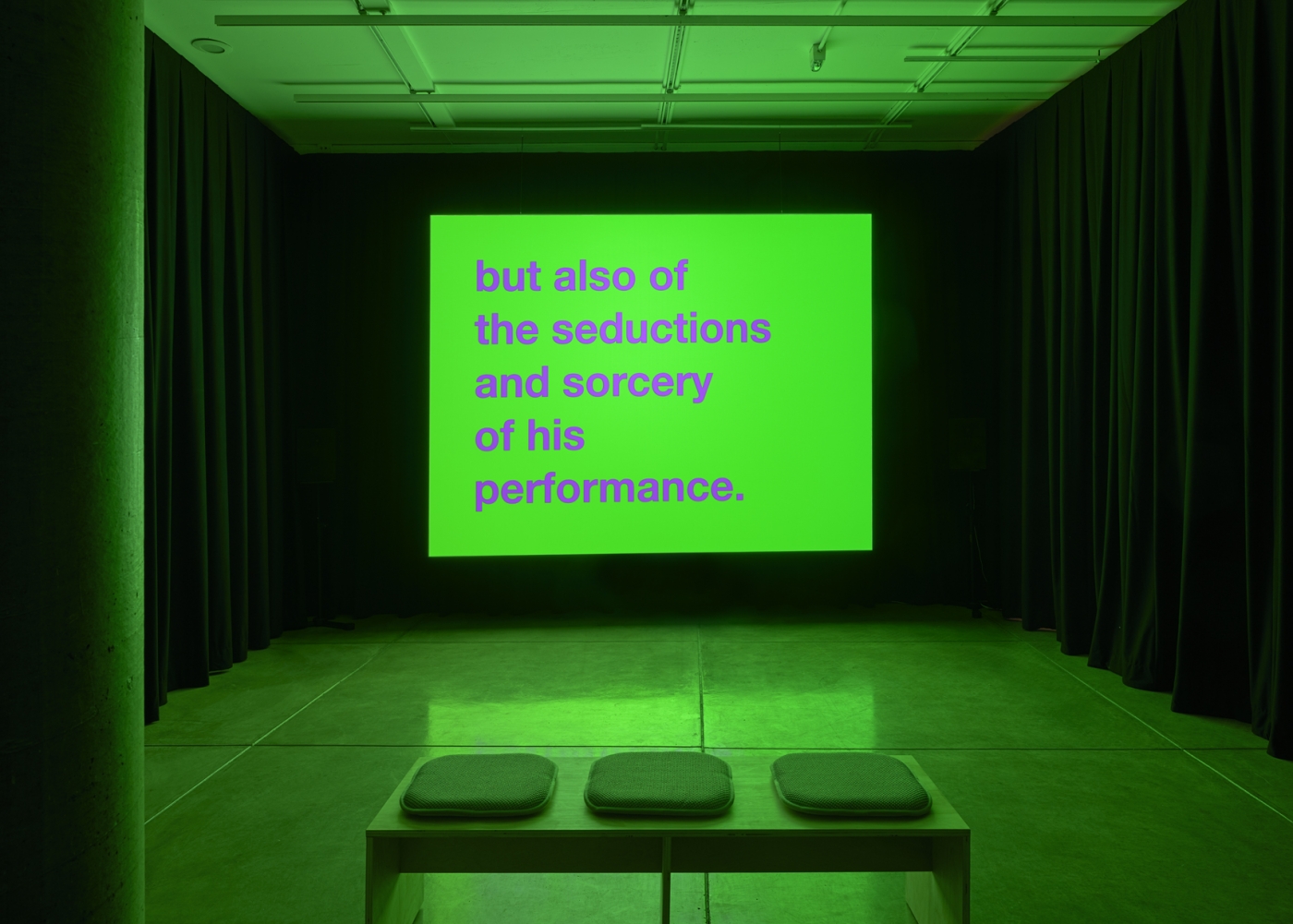Installation view, Tony Cokes: If UR Reading This It’s 2 Late: Vol 2, Carpenter Center for the Visual Arts, on view January 31–April 12, 2020. Pictured: Tony Cokes, Untitled (m.j.: the symptom) (video), 2020. Courtesy of the Carpenter Center for the Visual Arts. Photo: Julia Featheringill / Stewart Clements.