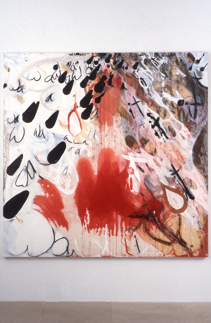 Suzanne McClelland, wait, 1991, acrylic, clay, charcoal, gesso on canvas, 72 x 72 inches