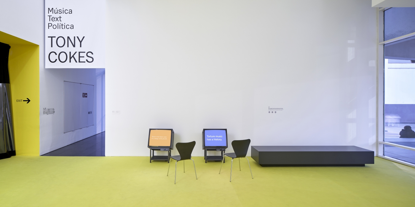 Installation view; Tony Cokes; Music, Text, Politics; Museu d’Art Contemporani de Barcelona, 2020, Photo: MACBA – Miquel Coll