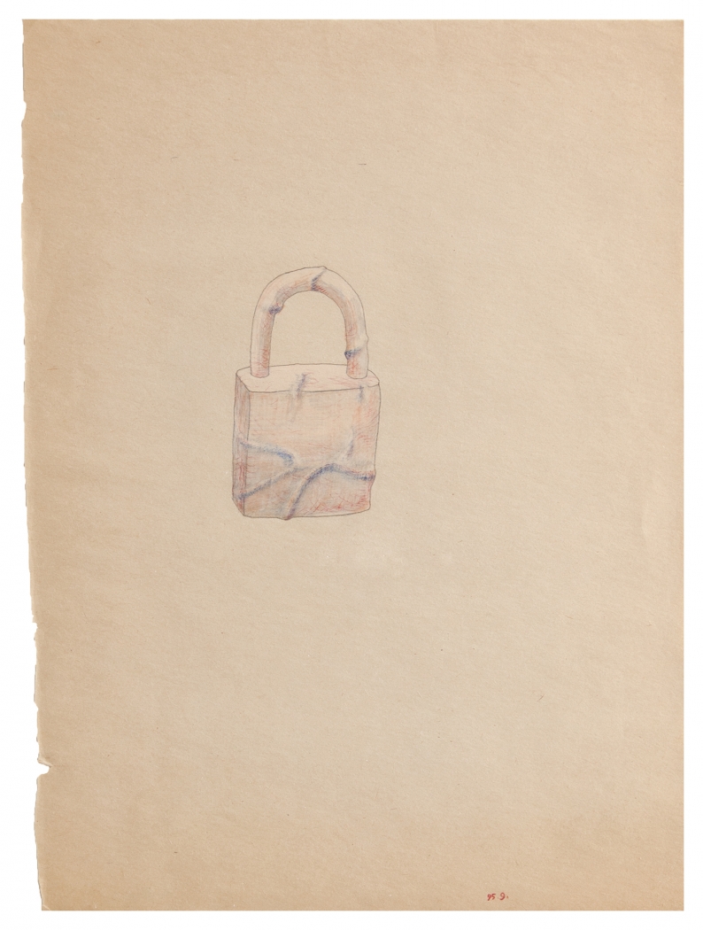 Beom Kim Untitled (Lock), 1995 Pencil and color pencil on paper Paper: 12 1/8 x 8 7/8 inches (22.5 x 30.8 cm) Frame: 14 7/8 x 11 7/8 inches (37.8 x 30.2 cm)