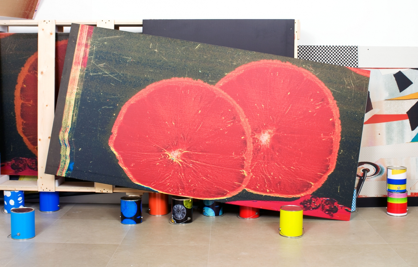 Untitled, 2009 (detail), Paint, silkscreen, and digital inkjet print on canvas; drywall lifts; inkjet print on drywall; paint cans with digital inkjet prints and crate with printed drywall, Overall dimensions variable