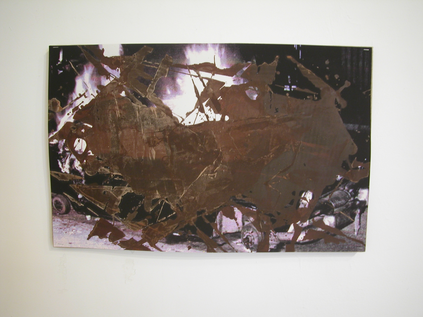 Kelley Walker, Chocolate Riot; Burning Car, 2004, Scanned image & silkscreened chocolate on paper, canvas, 16 x 25 inches