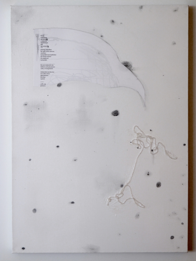 The Assistant (6), 2008, inkjet print, pencil, beads, and adhesive on canvas, 27 ½ x 19 ½ inches