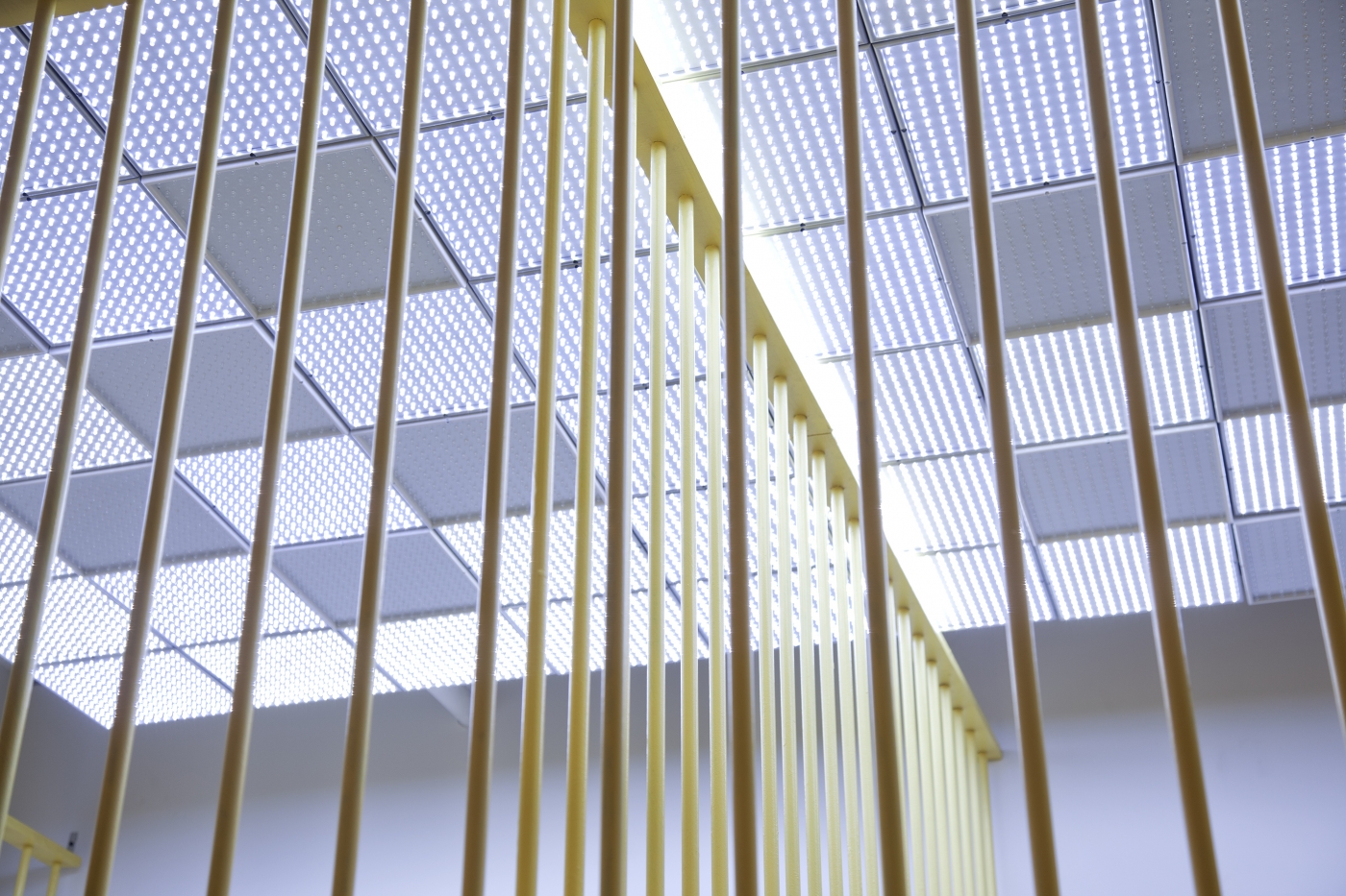 Tony Conrad WiP, 2013 Mixed media installation with wooden bars, locks, bunk beds, moving blankets, bed pans, sinks, overhead LED lighting, and video Dimensions variable