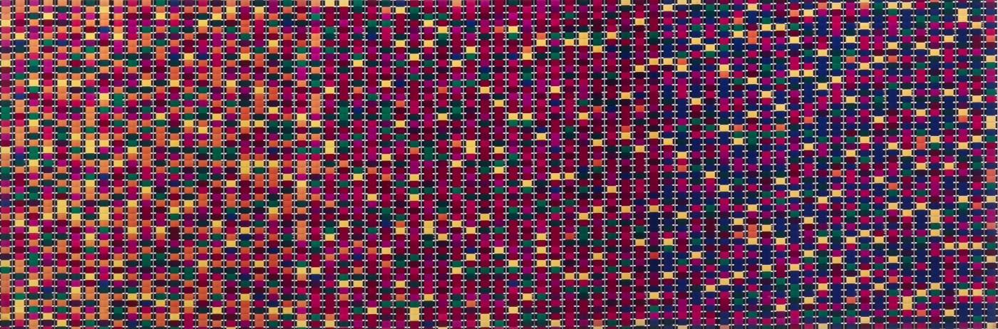 Untitled (Frozen Film Frame), c. 1971-76, 16mm film strips and plexiglas, 28 x 61 x 1/2 inches overall, 71.1 x 154.9 x 1.3 cm
