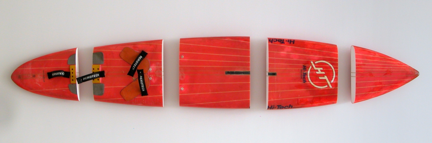 Michael Krebber, Hi Tech, 2008, Windsurfing board, wall mounts, 23.5 x 135 inches
