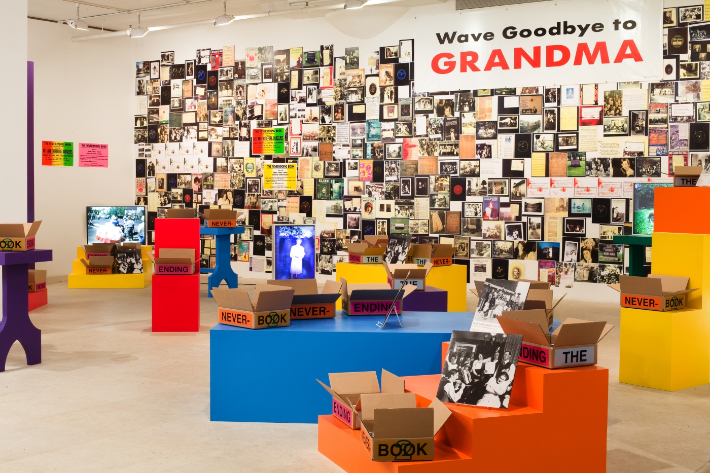 Allen Ruppersberg The Never Ending Book Part Two/Art and Therefore Ourselves 2009 color copies, cardboard boxes, artist's records 5 lightboxes banner letterpress posters and 17 furniture elements overall dimensions variable